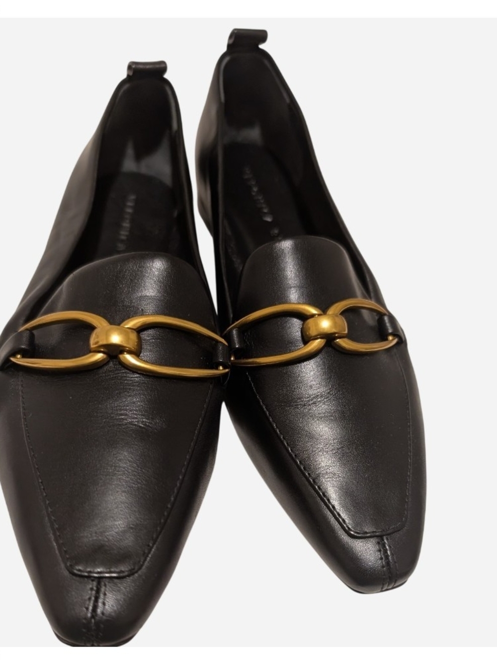 Veronica Beard Black Leather Pointed Loafers with Gold Link Detail - Picture 5 of 8